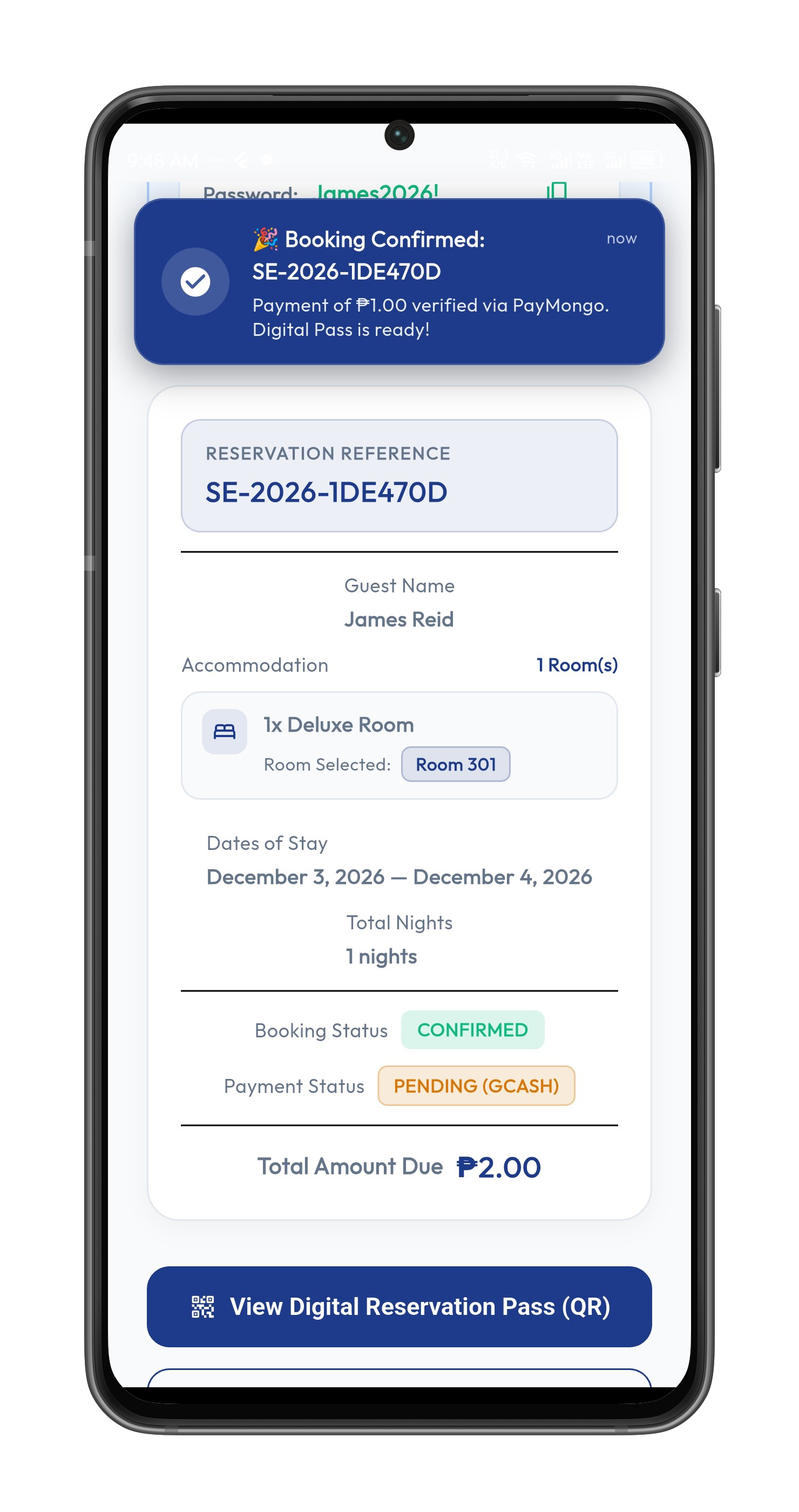 StayEase app: Booking confirmation and digital reservation pass